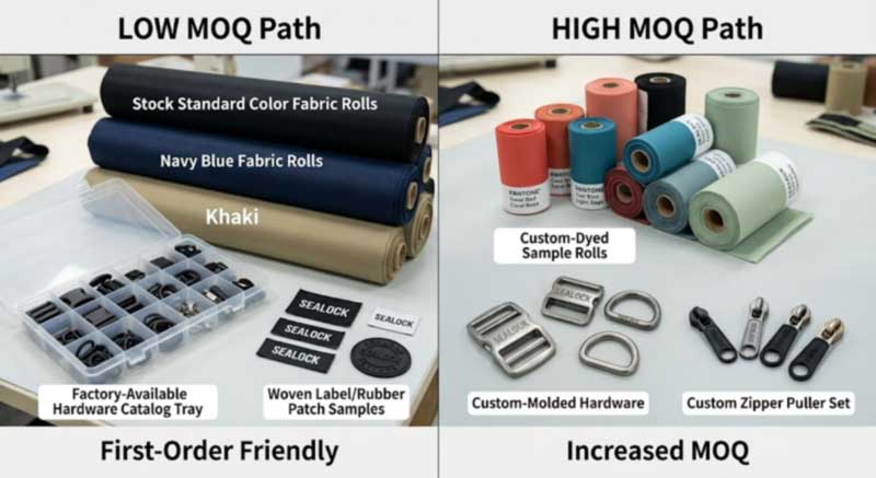 Stock fabric and catalogue hardware versus custom dye lots and moulded hardware — the choices that raise or lower a backpack MOQ